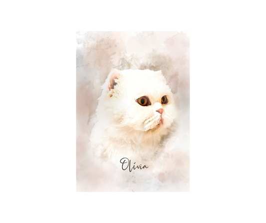 Watercolour portrait of a white cat named Olivia representing coping with pet loss and remembrance
