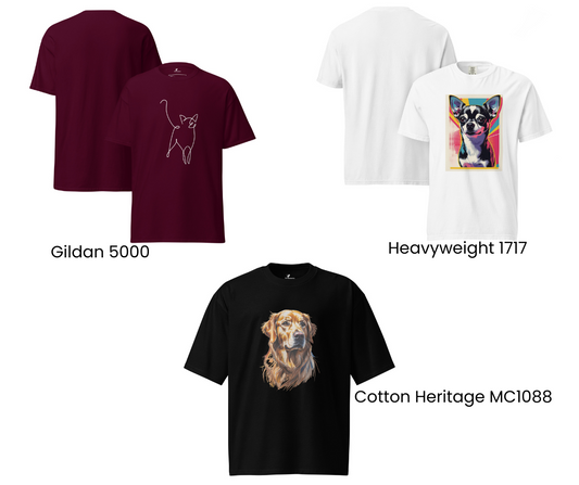 Three animal t-shirts in Gildan 5000, Heavyweight 1717, and Cotton Heritage MC1088 showing cat and dog designs for how to choose the perfect animal t-shirt