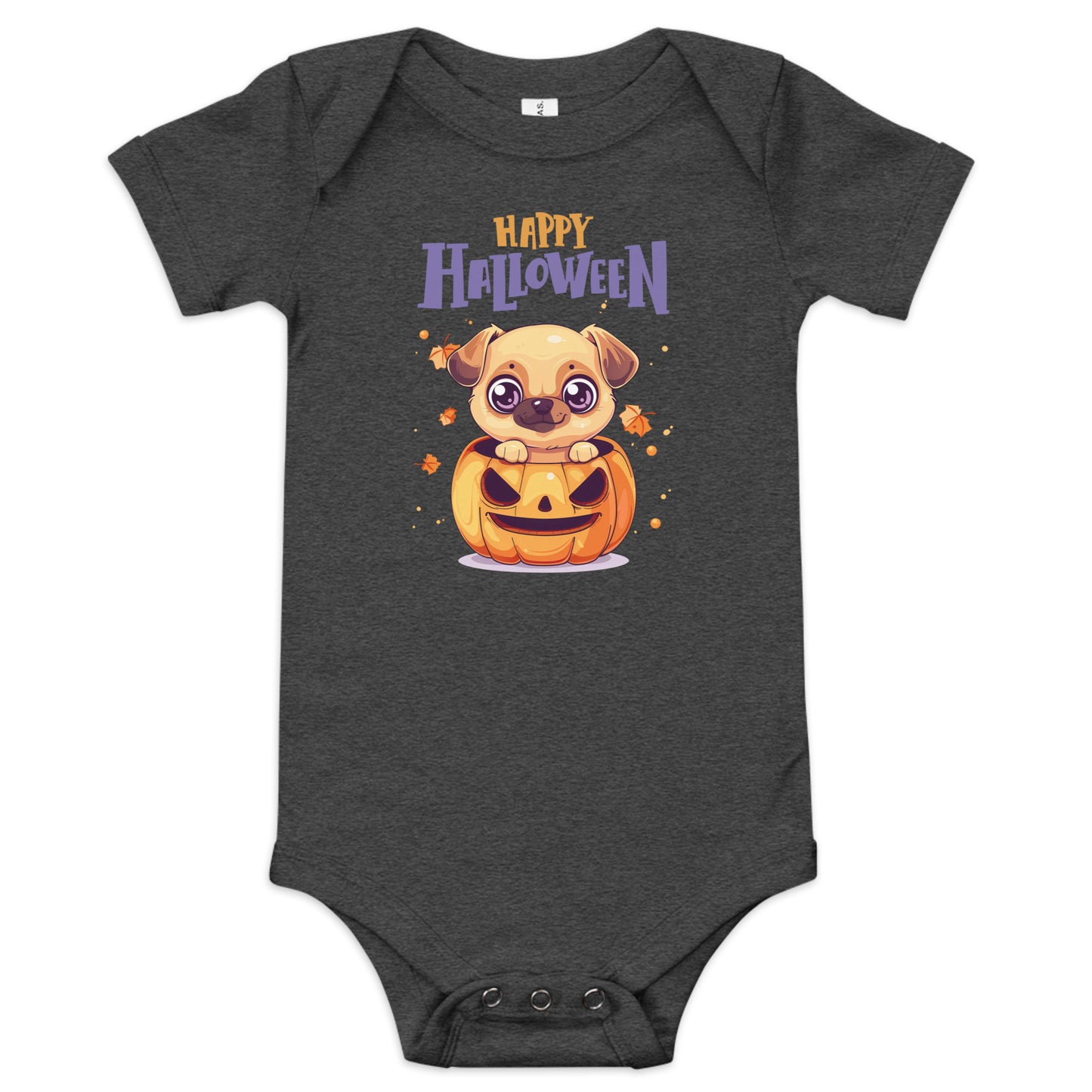 Baby Halloween Bodysuit Animal Design featuring a cute puppy on a pumpkin with Happy Halloween text