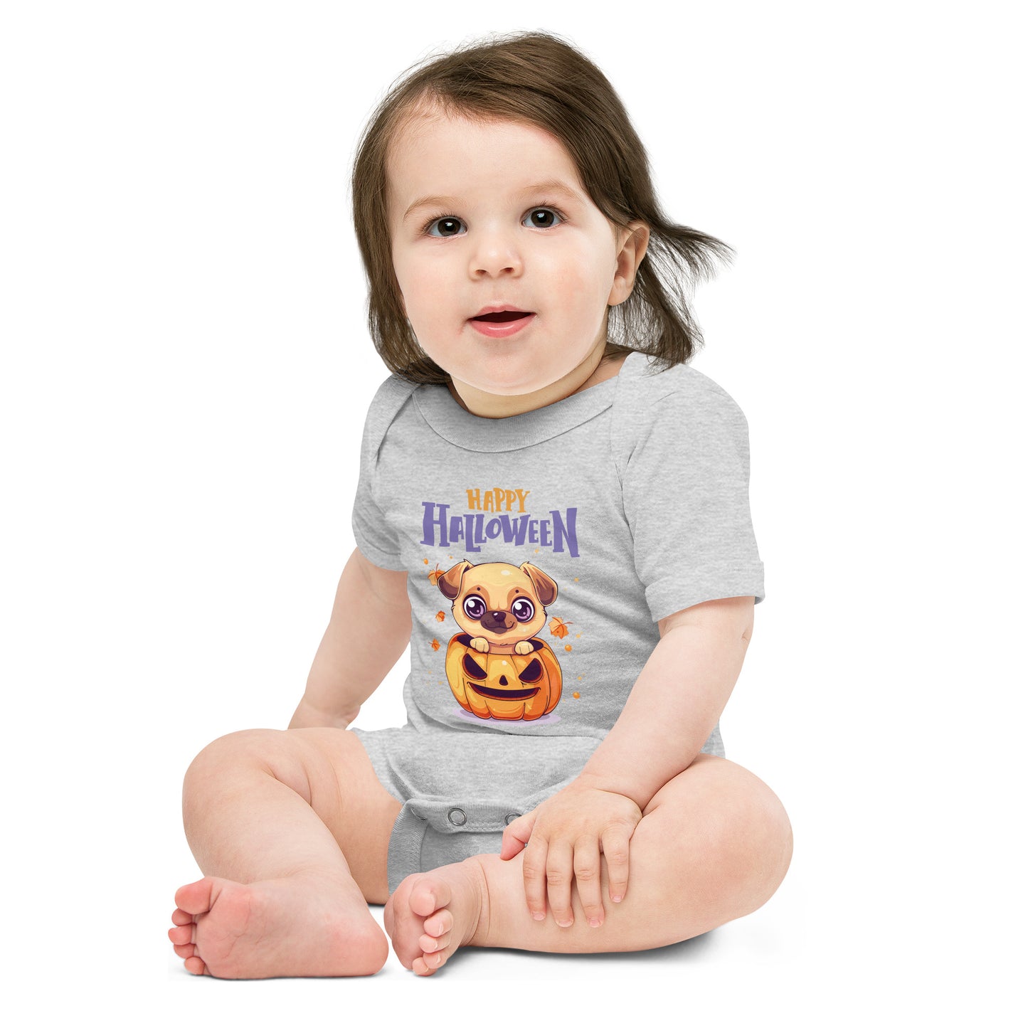 Adorable Baby Halloween Bodysuit Animal Design featuring a cute puppy and pumpkin graphic