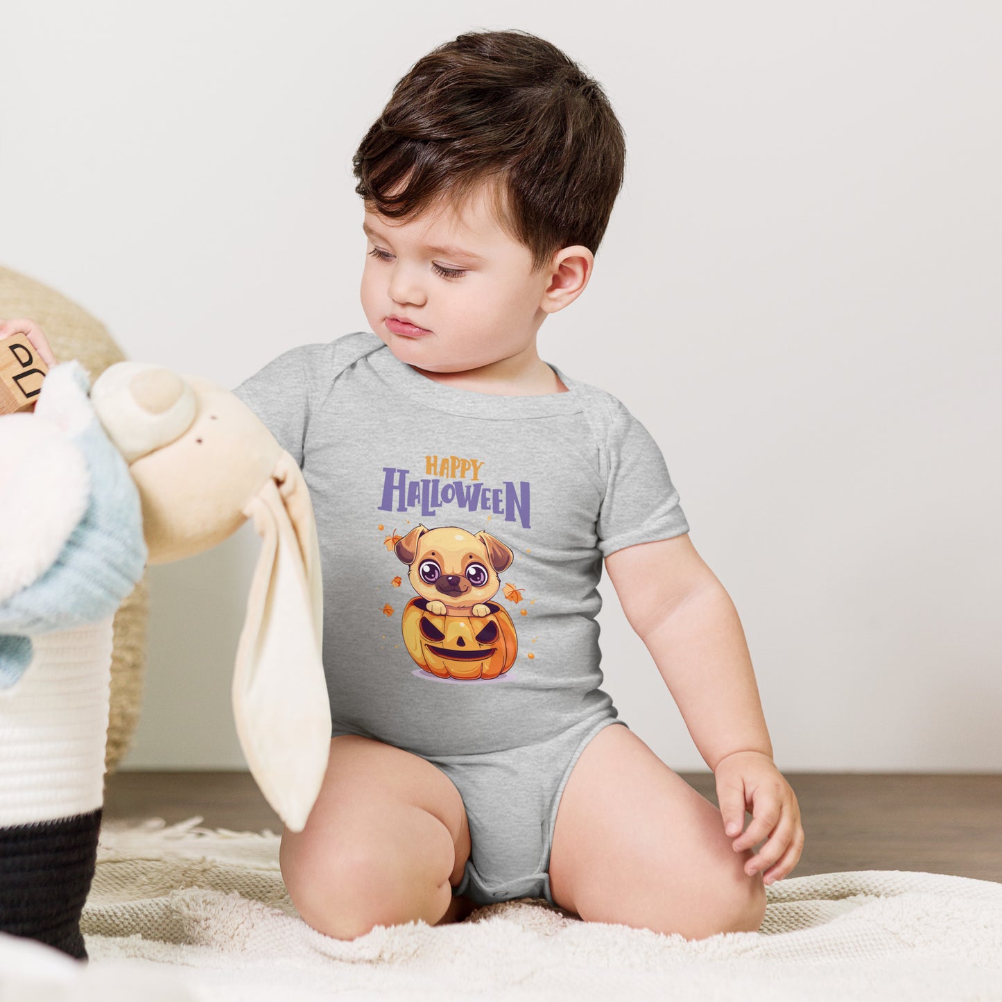 Cute Baby Halloween Bodysuit Animal Design featuring a pup in a pumpkin, perfect for festive celebrations