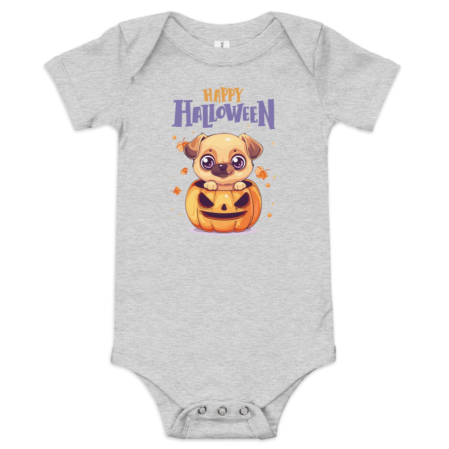Grey Baby Halloween Bodysuit Animal Design featuring a cute puppy with a pumpkin
