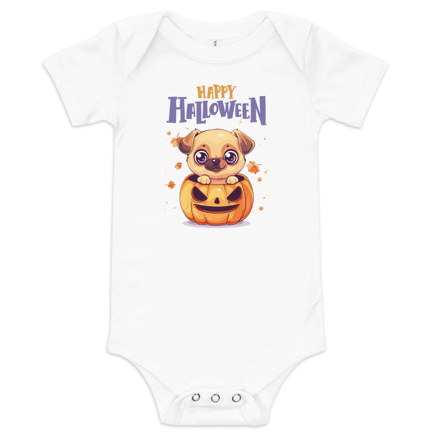 Baby Halloween Bodysuit Animal Design featuring a cute puppy with a pumpkin and Halloween text