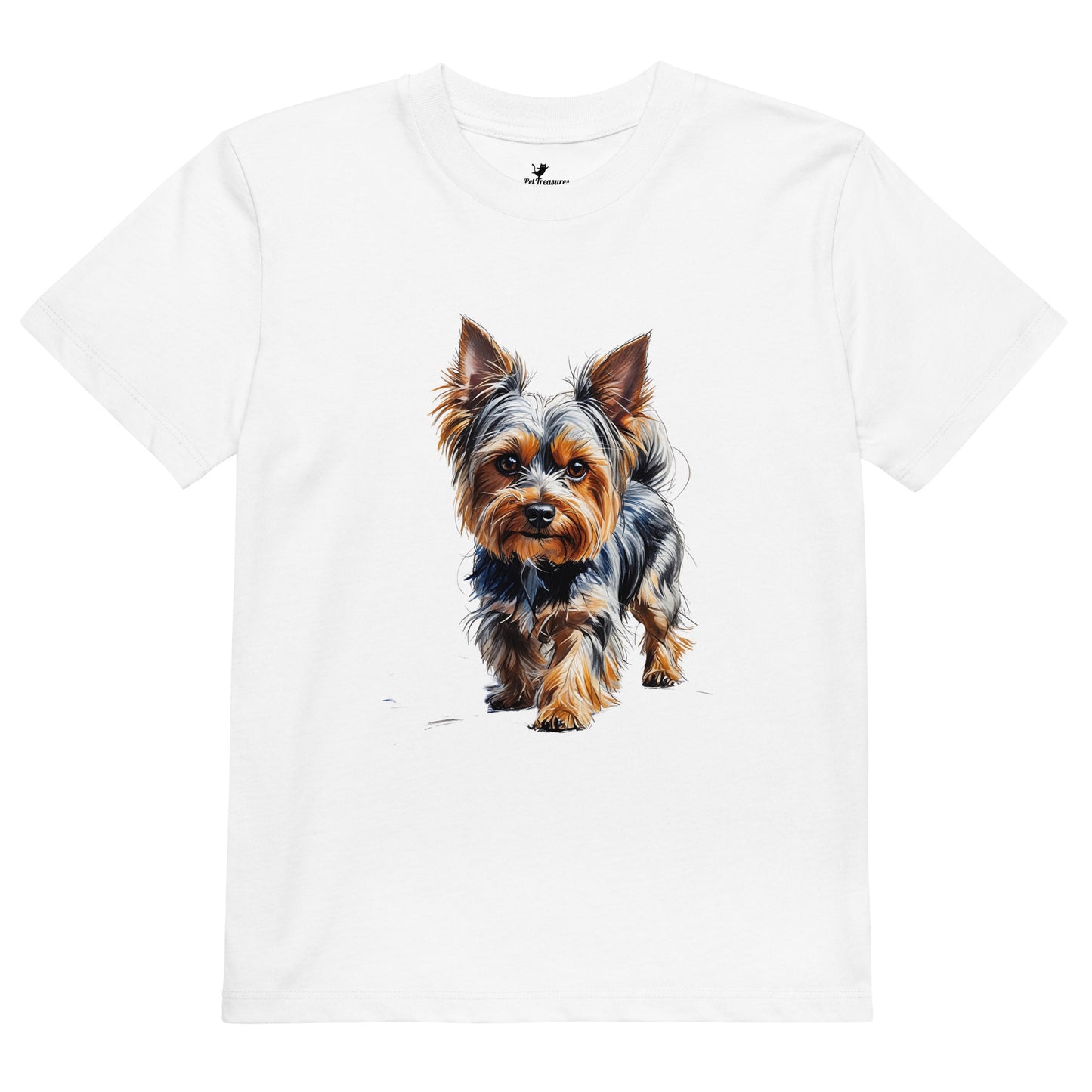 White T-shirt from Pet Treasures Studio with back to school Yorkie shirt design featuring a realistic Yorkie dog