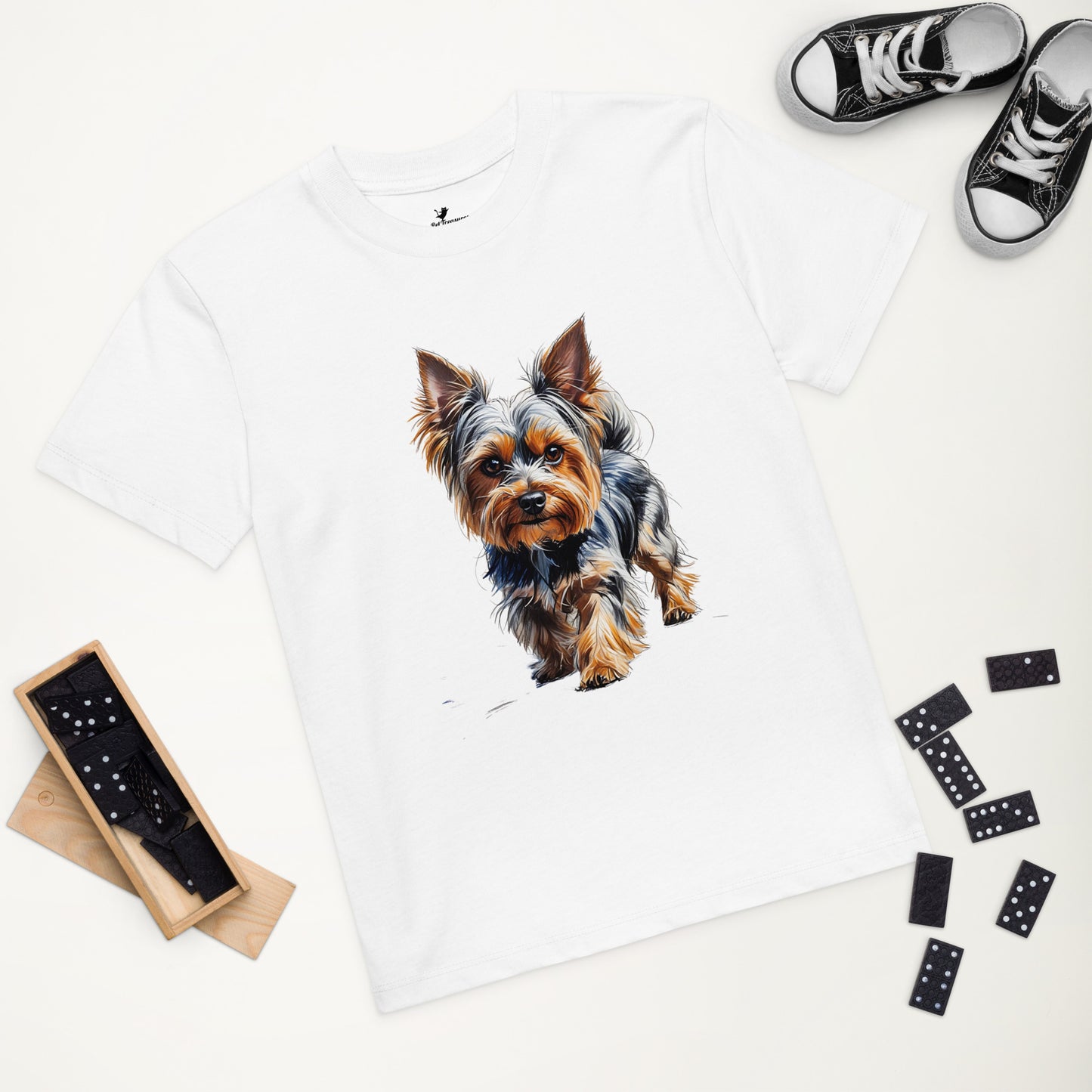 Pet Treasures Studio white back to school Yorkie shirt with realistic Yorkshire Terrier print