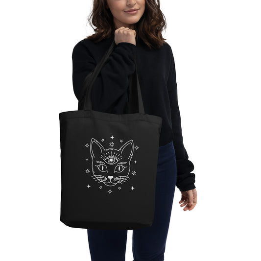 Eco-friendly cat shopper bag by Pet Treasures Studio with mystical cat design in black