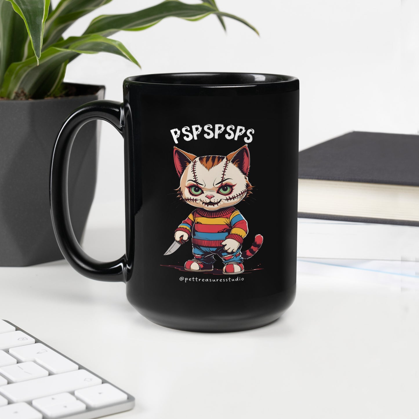 Chucky Cat Black Glossy Halloween Mug | Pet Treasures Studio