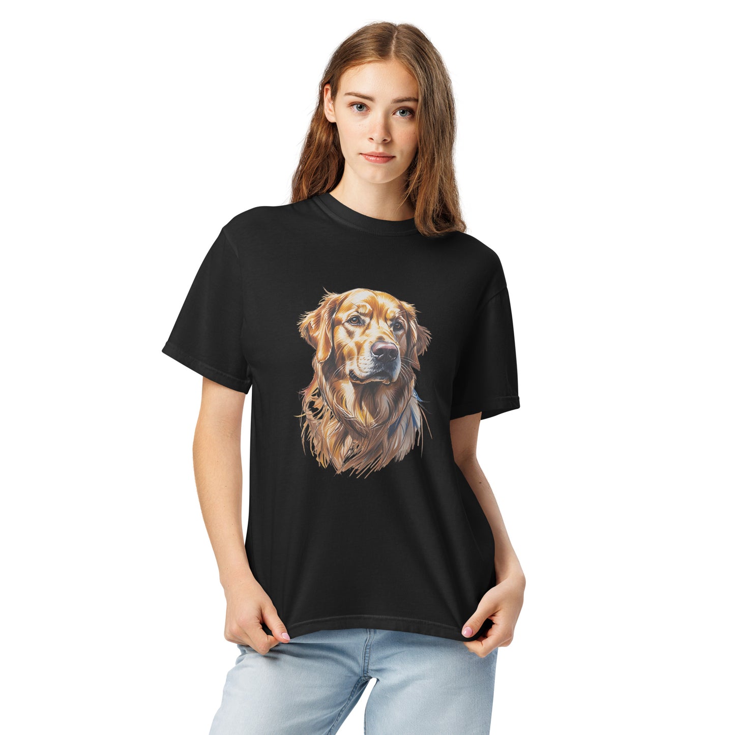Pet Treasures Studio black golden retriever t-shirt with realistic dog face print worn by woman