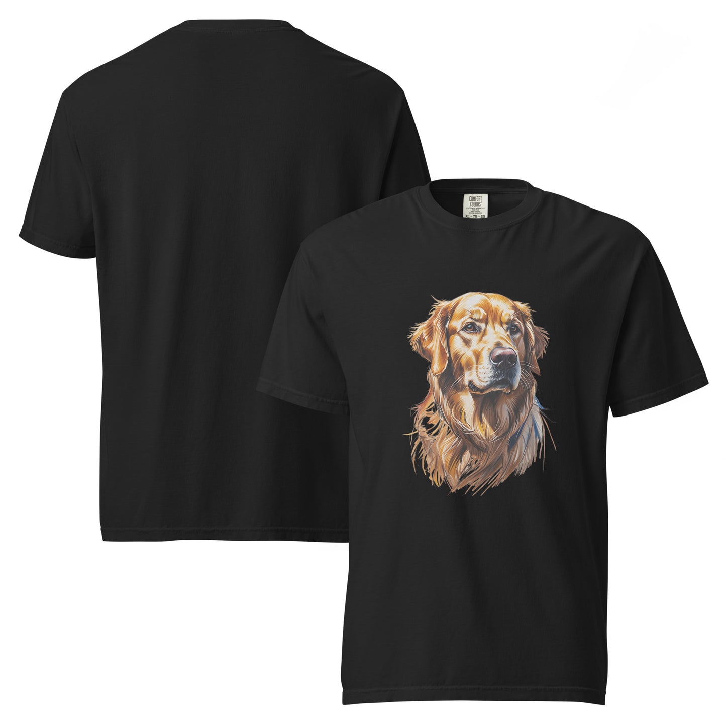 Black T-shirt featuring a detailed golden retriever dog illustration by Pet Treasures Studio golden retriever t-shirt