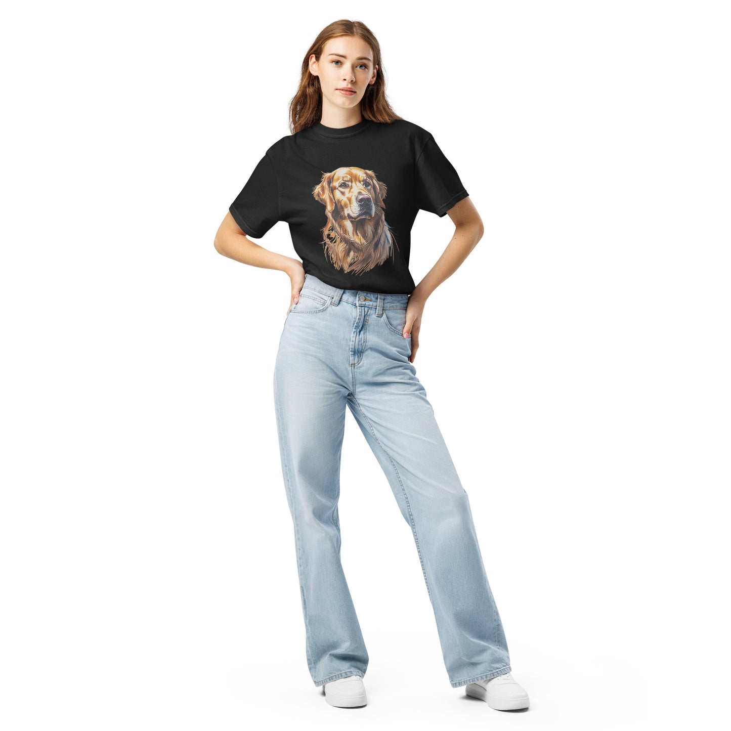 Black golden retriever t-shirt from Pet Treasures Studio worn by woman with light blue jeans and white sneakers