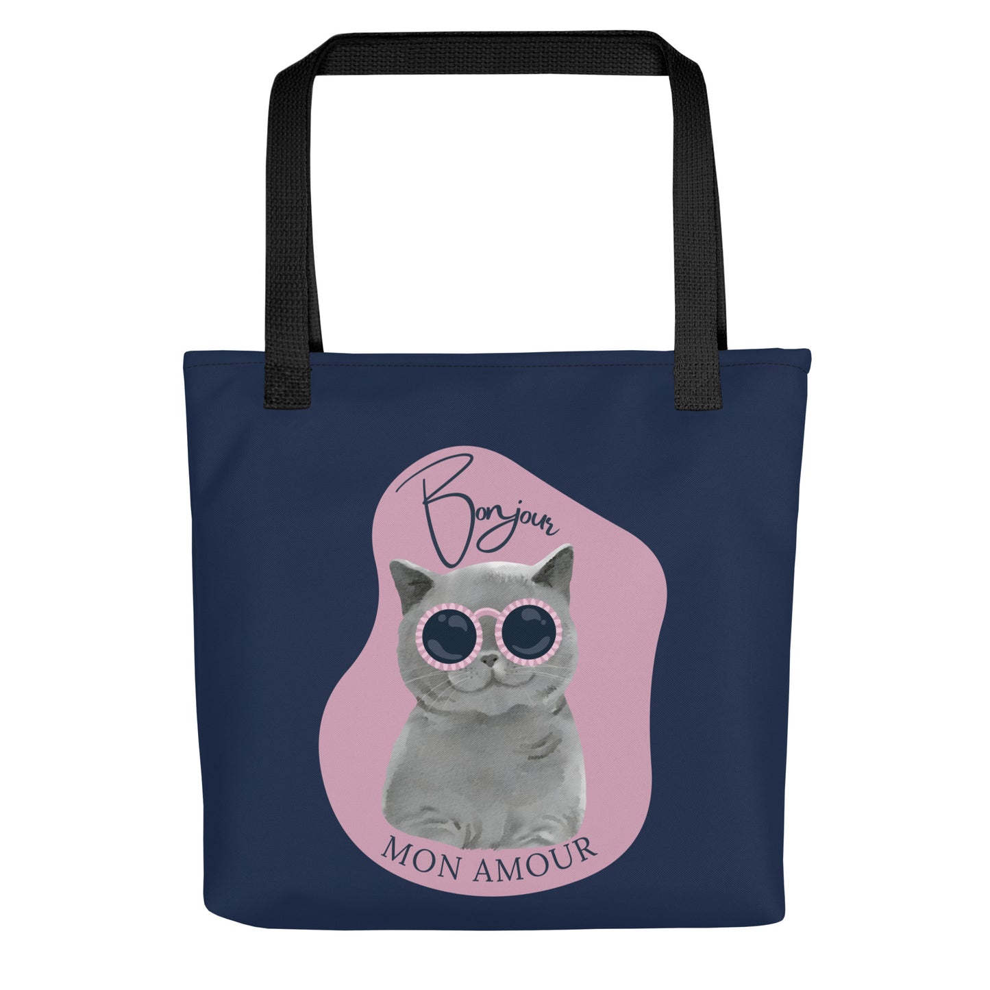 Bonjour Mon Amour cat bag reusable tote from Pet Treasures Studio with a gray cat wearing sunglasses design