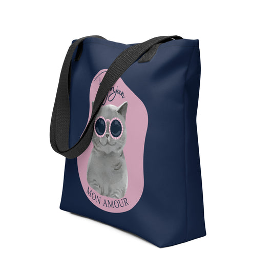 Pet Treasures Studio reusable navy tote bag with Bonjour Mon Amour cat bag design and black straps