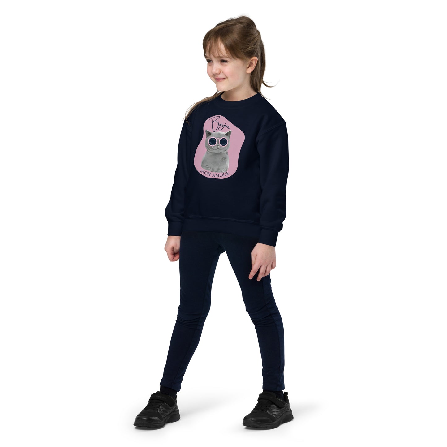 Child wearing Pet Treasures Studio Bonjour Mon Amour crewneck for kids navy blue with owl graphic