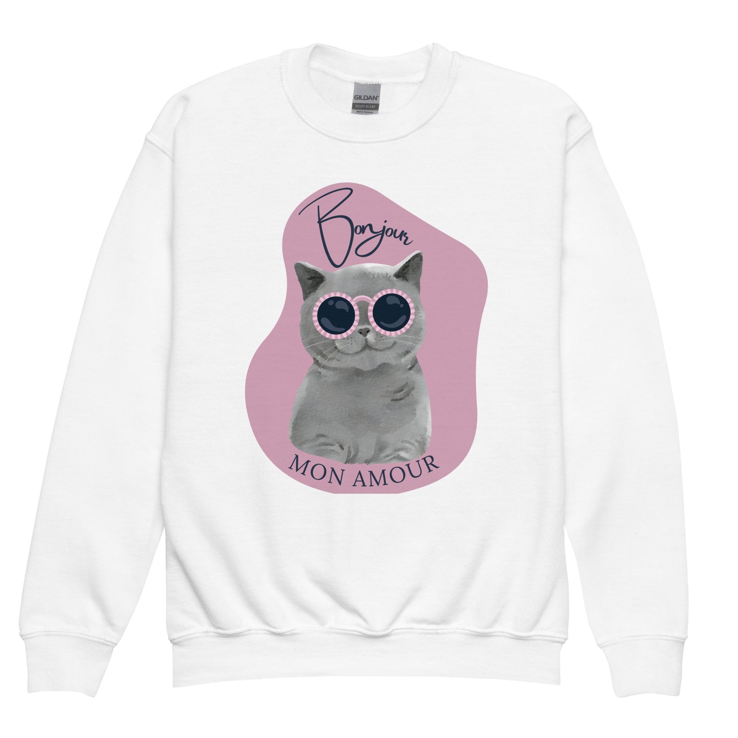 Pet Treasures Studio Bonjour Mon Amour crewneck for kids with gray cat wearing pink sunglasses on white