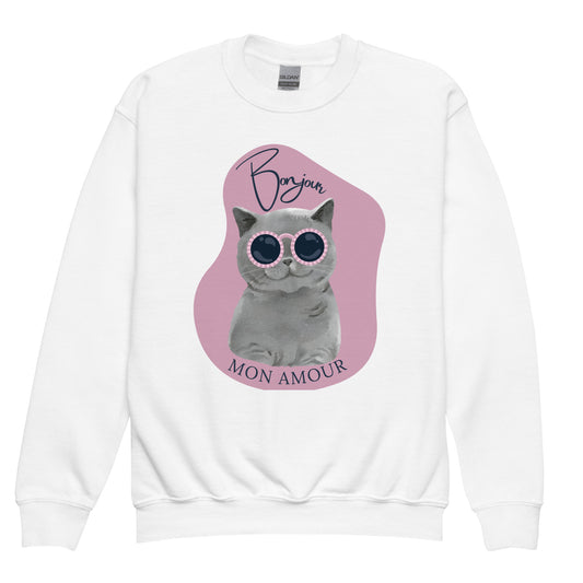 Pet Treasures Studio Bonjour Mon Amour crewneck for kids with gray cat wearing pink sunglasses on white