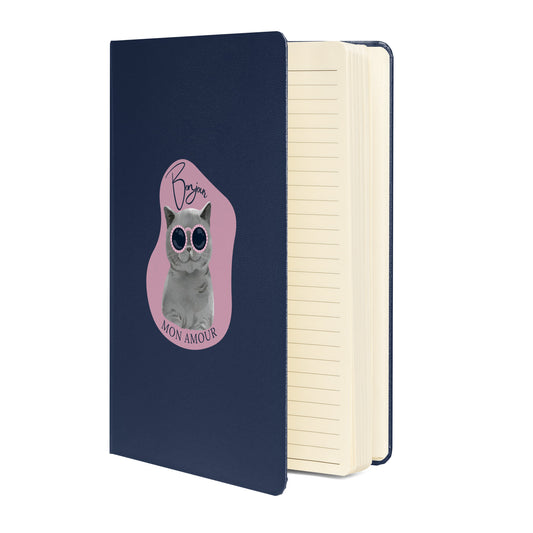 Bonjour Mon Amour journal navy blue caderno with cat wearing sunglasses design by Pet Treasures Studio