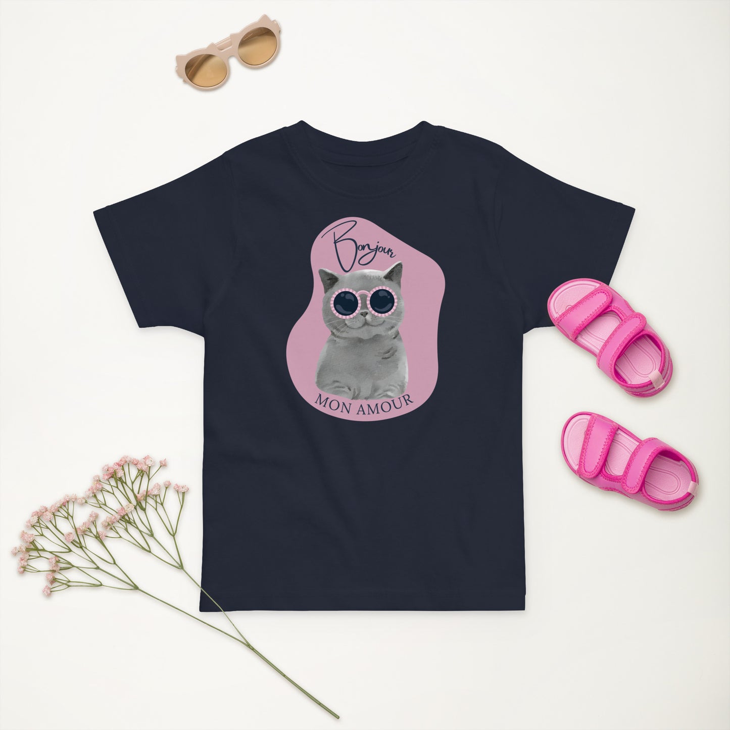 Bonjour mon amour kids t-shirt in navy with cat wearing sunglasses graphic by Pet Treasures Studio