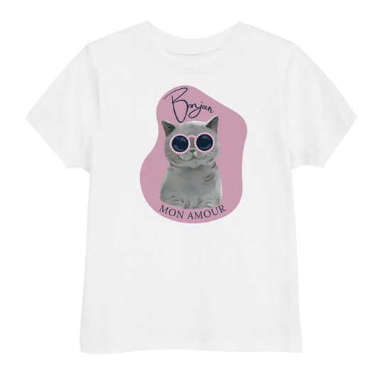 Pet Treasures Studio white bonjour mon amour kids t-shirt with cute cat wearing sunglasses graphic