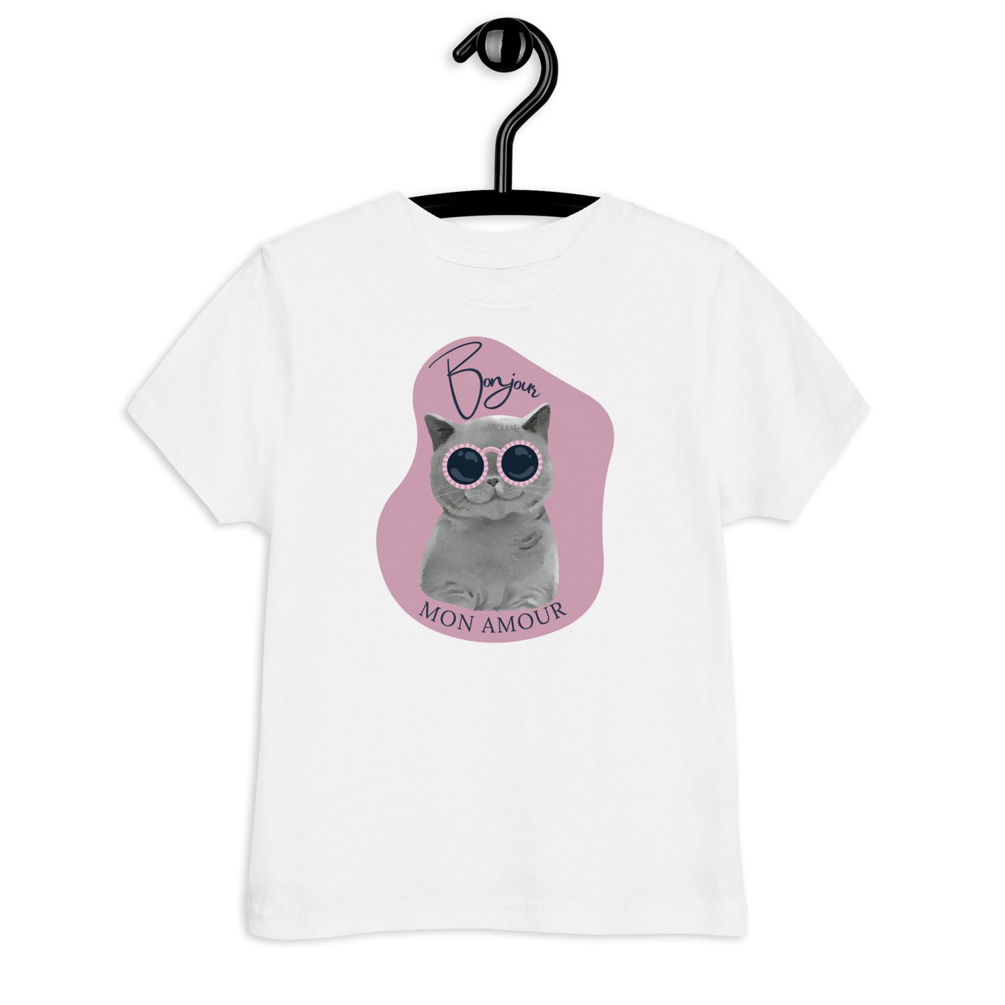 White bonjour mon amour kids t-shirt with cat wearing sunglasses graphic by Pet Treasures Studio