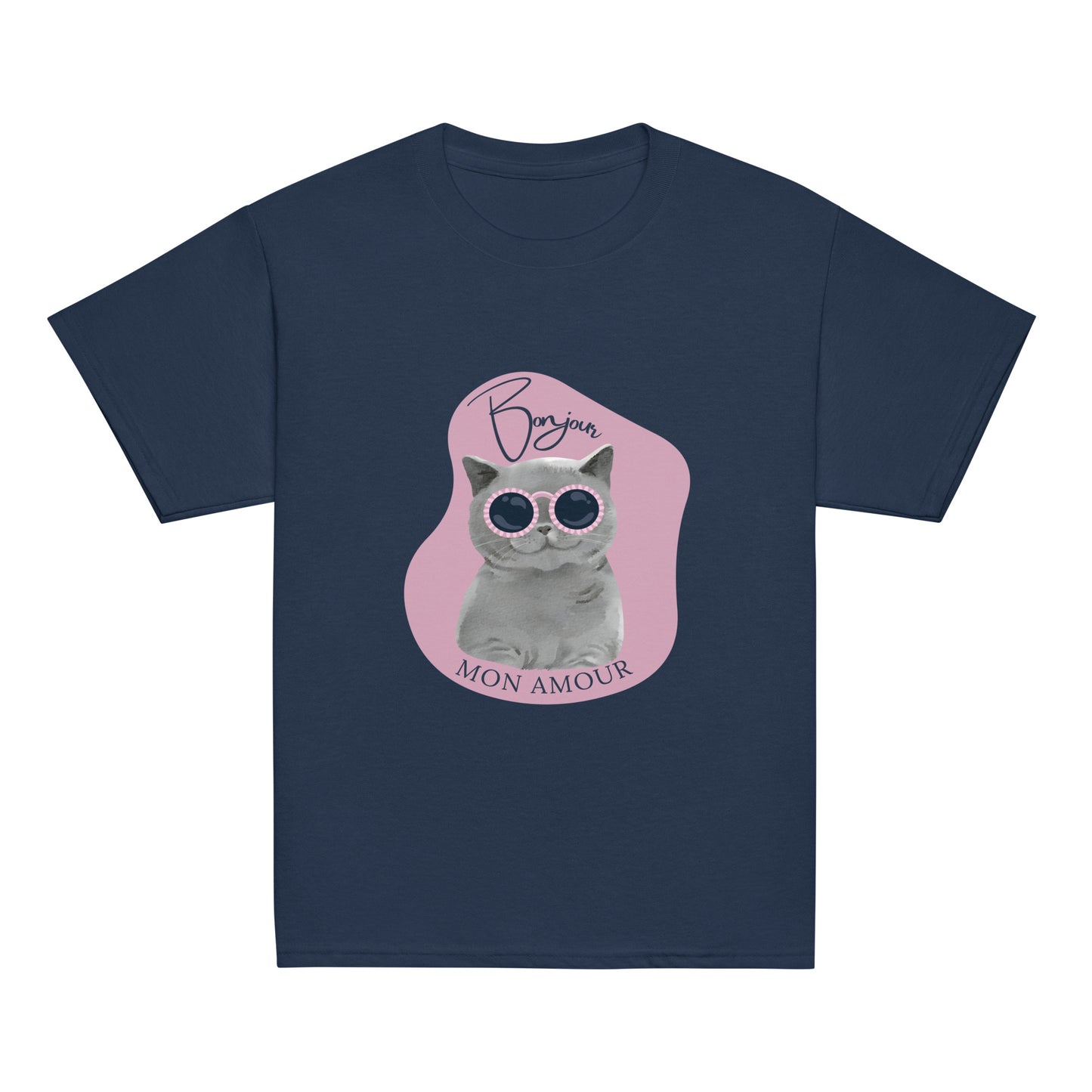 Bonjour Mon Amour shirt for children navy blue with cat wearing pink sunglasses graphic