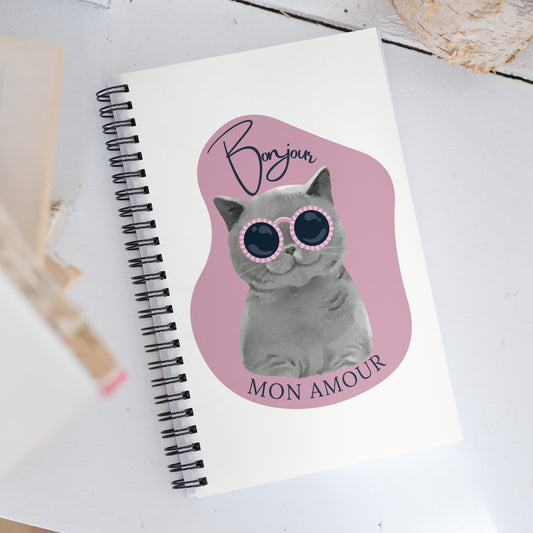 French kitty notebook featuring a grey cat with round pink sunglasses on Bonjour Mon Amour cover