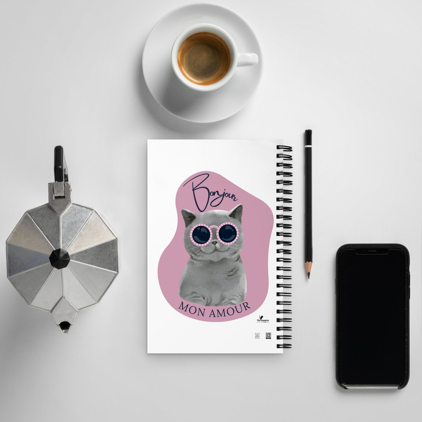 Pet Treasures Studio French kitty notebook showing grey cat with pink sunglasses Bonjour mon amour cover