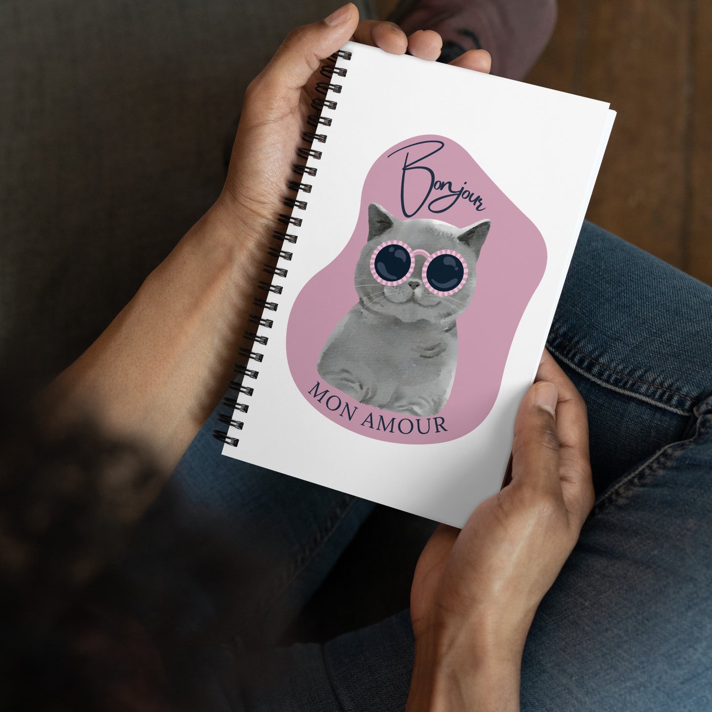 French kitty notebook by Pet Treasures Studio spiral bound cover with grey cat in sunglasses Bonjour Mon Amour