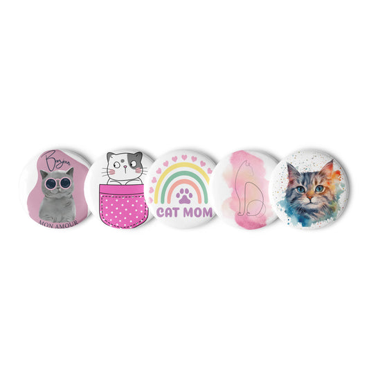 Colorful cat pin buttons set featuring cute cat designs and Cat Mom text by Pet Treasures Studio