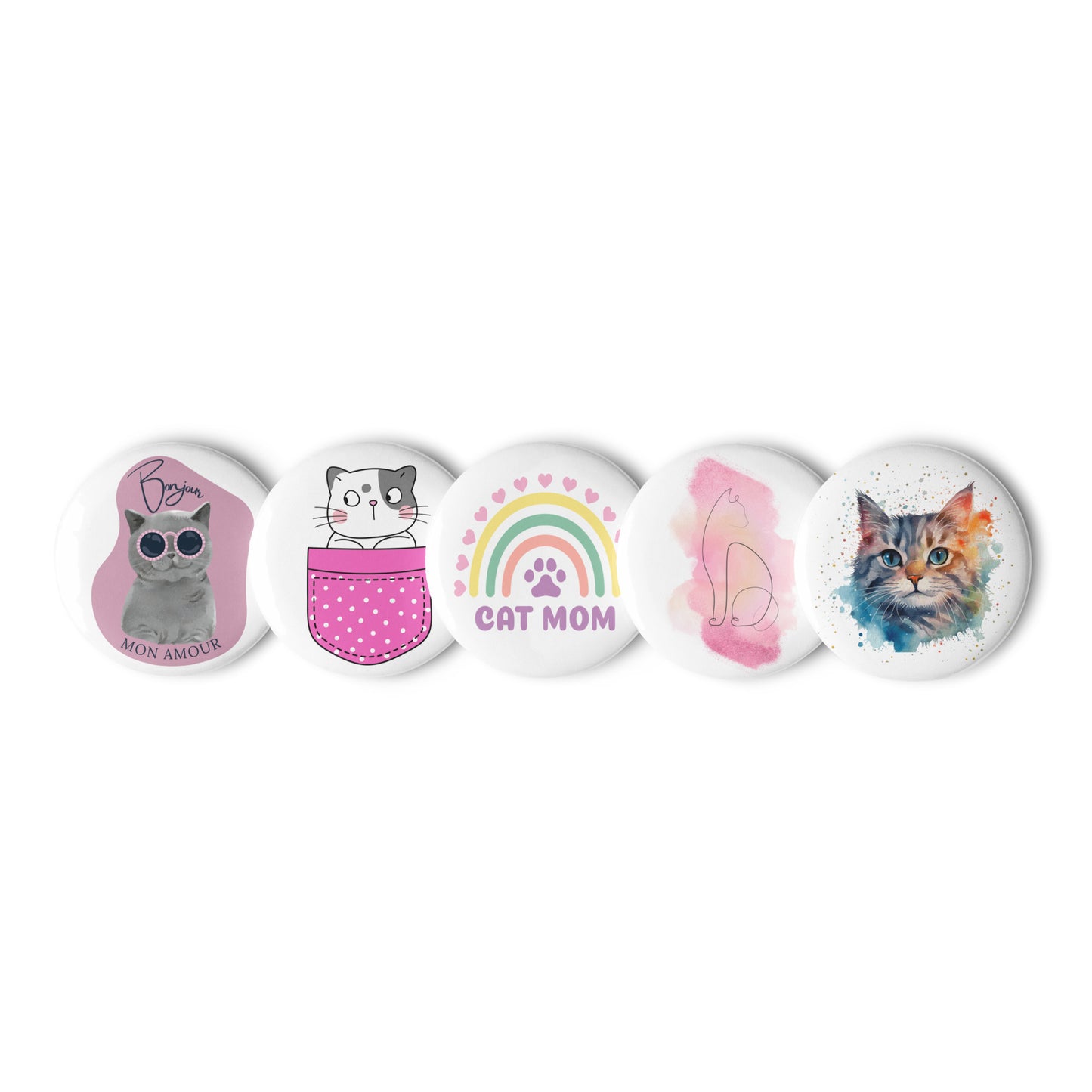 Pet Treasures Studio colorful cat pin buttons set featuring cute cat illustrations and cat mom design