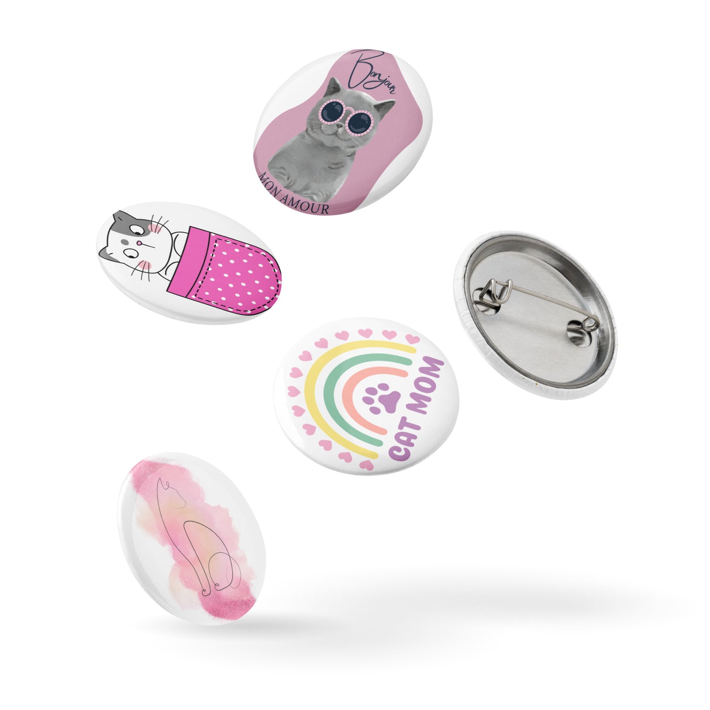 Pet Treasures Studio cat pin buttons set with various colorful cat designs and rainbow cat mom theme