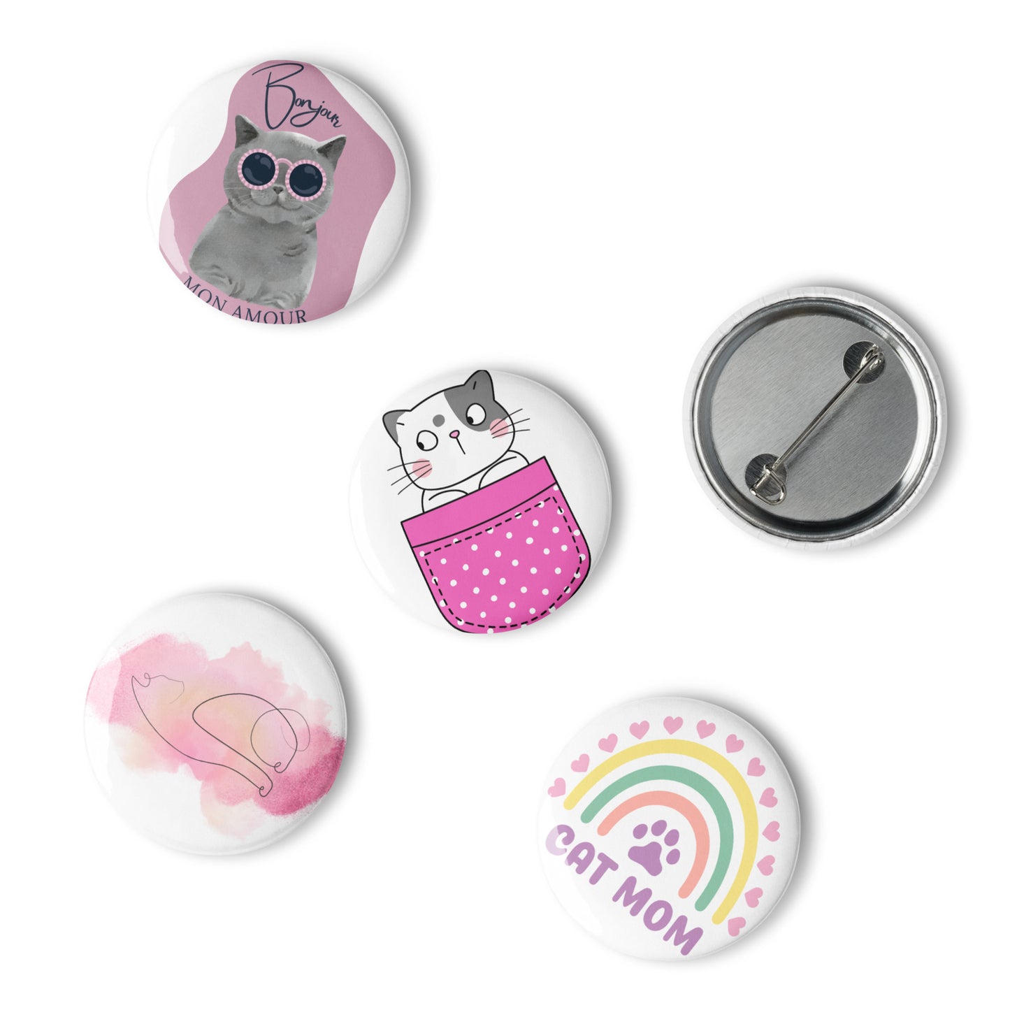 Pet Treasures Studio cat pin buttons set featuring cute cat designs and rainbow cat mom theme