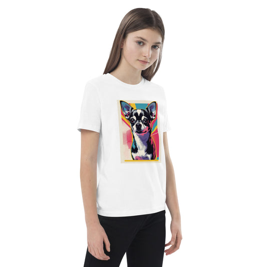 Chihuahua kids t-shirt featuring colorful chihuahua graphic on white shirt by Pet Treasures Studio