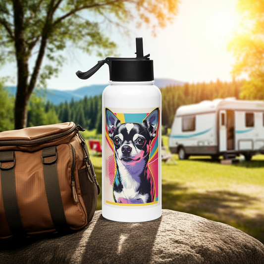 White garrafa with colorful Chihuahua print by Pet Treasures Studio perfect Chihuahua themed gifts for her