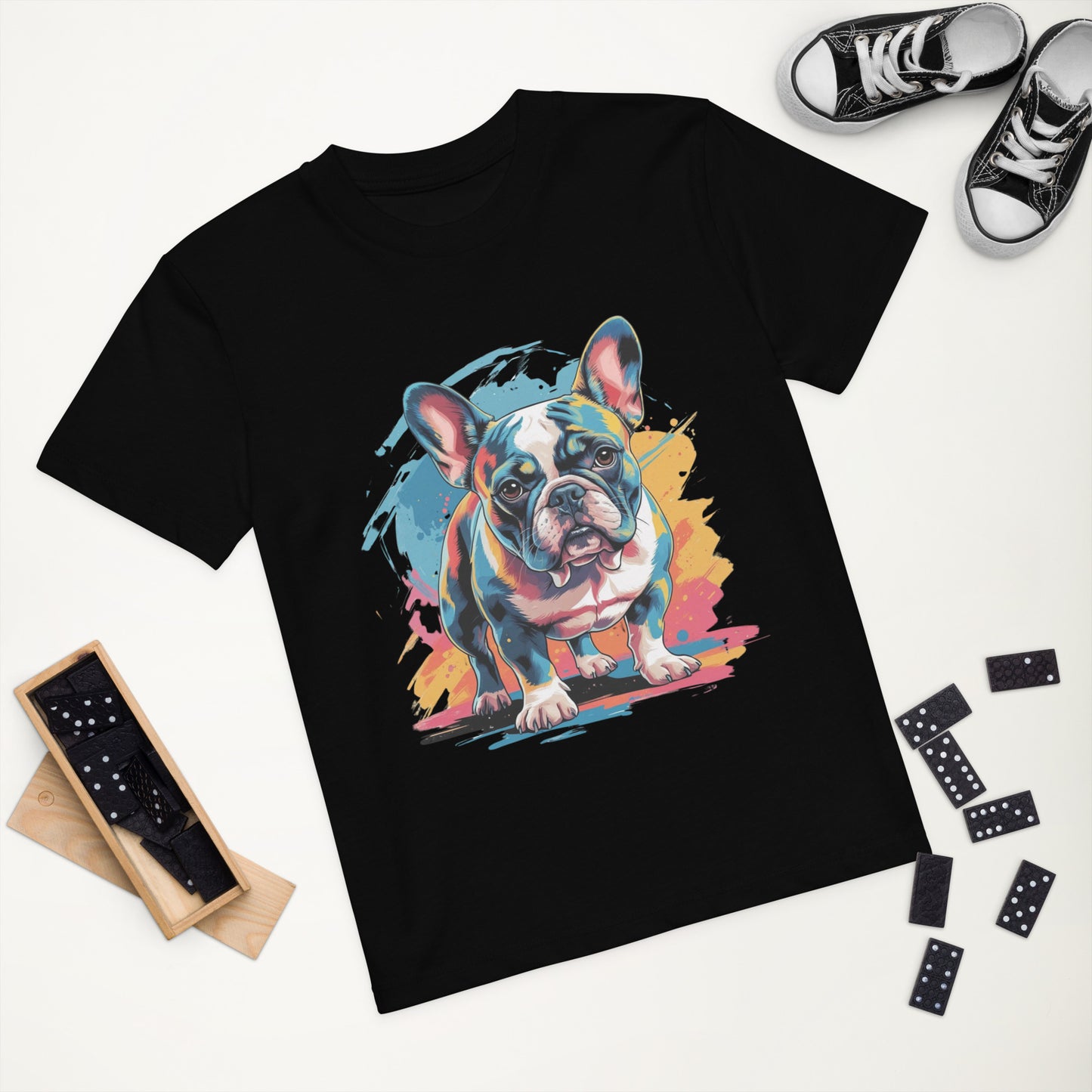 Black kids t shirt with colourful pop art French bulldog print by Pet Treasures Studio French Bulldog Kids Shirt