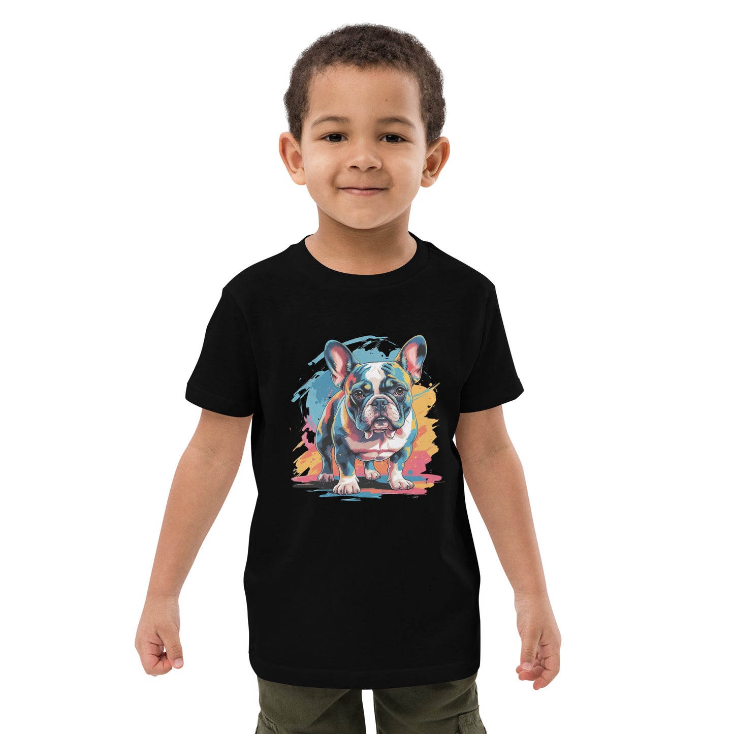 Pet Treasures Studio black kids T shirt with colourful French bulldog print worn by smiling boy French Bulldog Kids Shirt