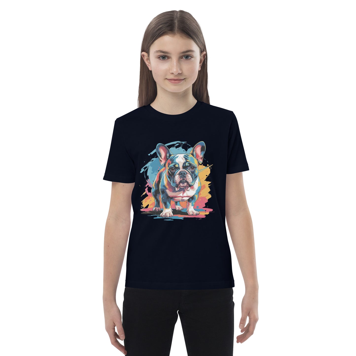 Pet Treasures Studio French Bulldog Kids Shirt navy tee featuring colourful pop art French bulldog print