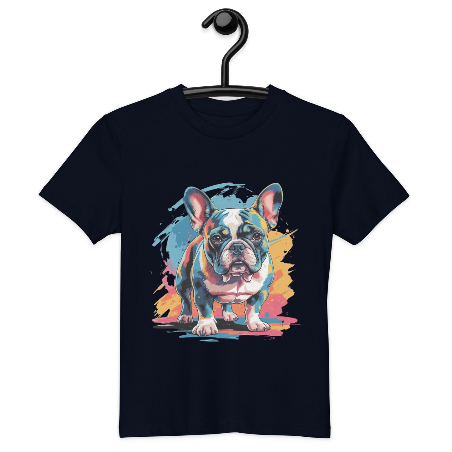 Pet Treasures Studio French Bulldog Kids Shirt navy tee with colourful painted French bulldog on hanger