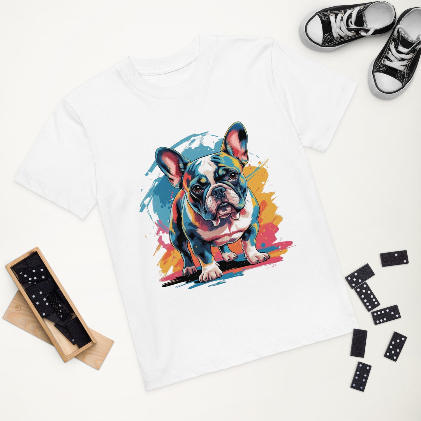 Pet Treasures Studio white T shirt with colourful pop art French Bulldog Kids Shirt design for children
