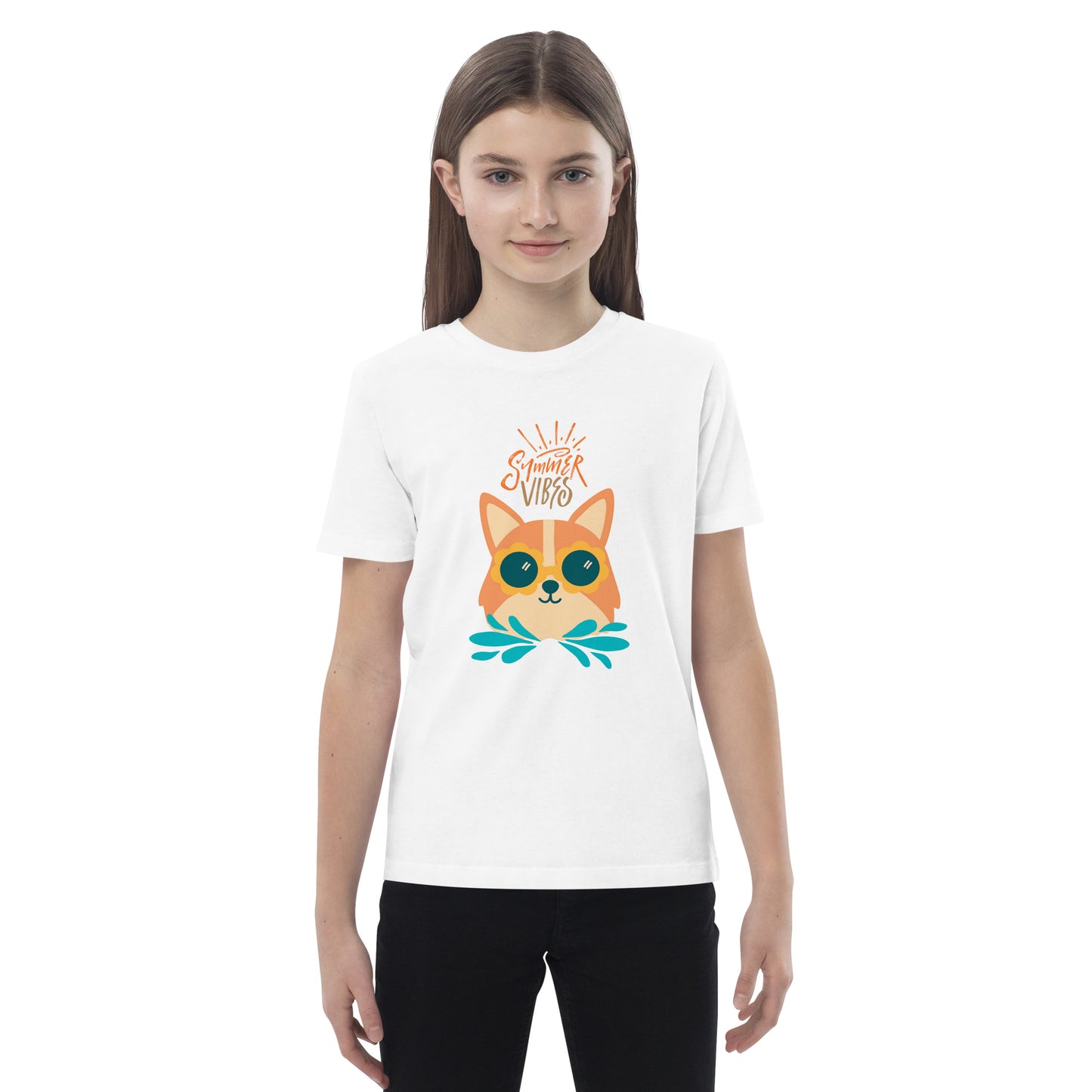 White corgi kids t-shirt with colorful corgi face and summer vibes text worn by child