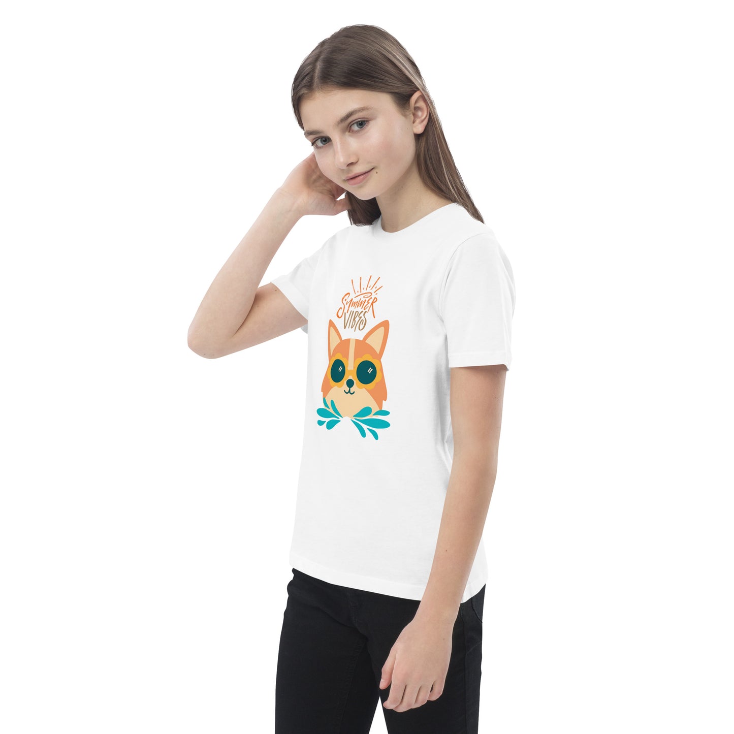 Pet Treasures Studio corgi kids t-shirt in white with cute corgi graphic and summer vibes text