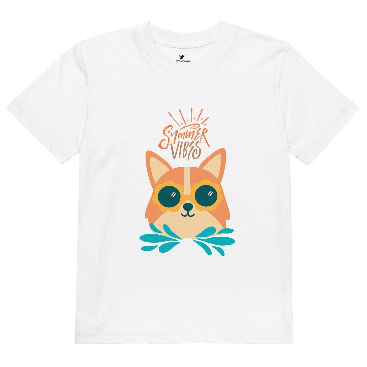 White corgi kids t-shirt from Pet Treasures Studio with sunglasses and summer vibes design