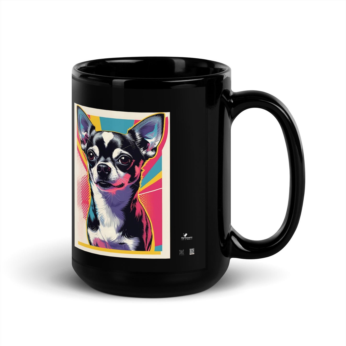 Black coffee mug featuring colorful pop art of a chihuahua by Pet Treasures Studio cute chihuahua coffee mug