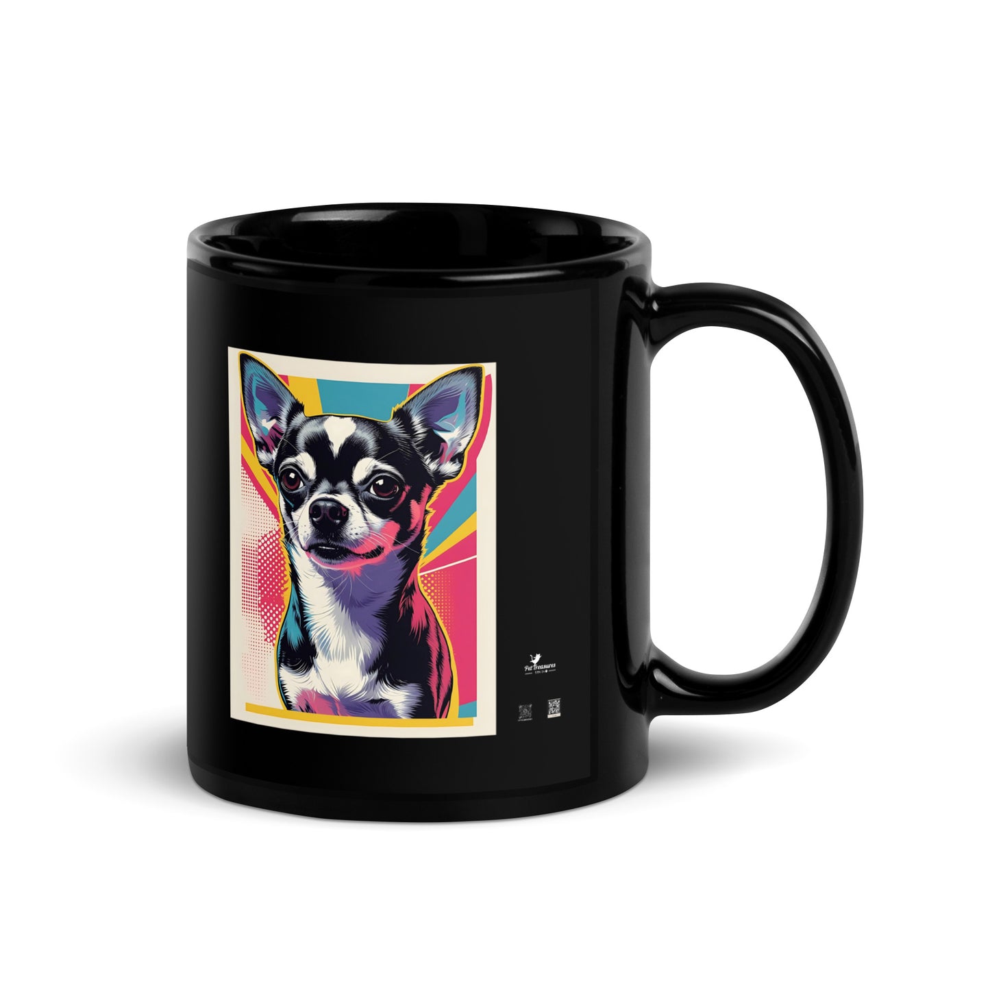 Black coffee mug featuring a colorful pop art portrait of a chihuahua from Pet Treasures Studio cute chihuahua coffee mug