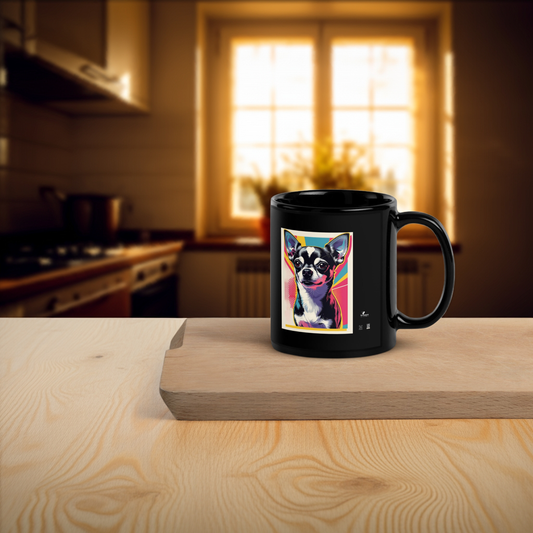 Black cute chihuahua coffee mug with colorful dog illustration on wooden board in kitchen