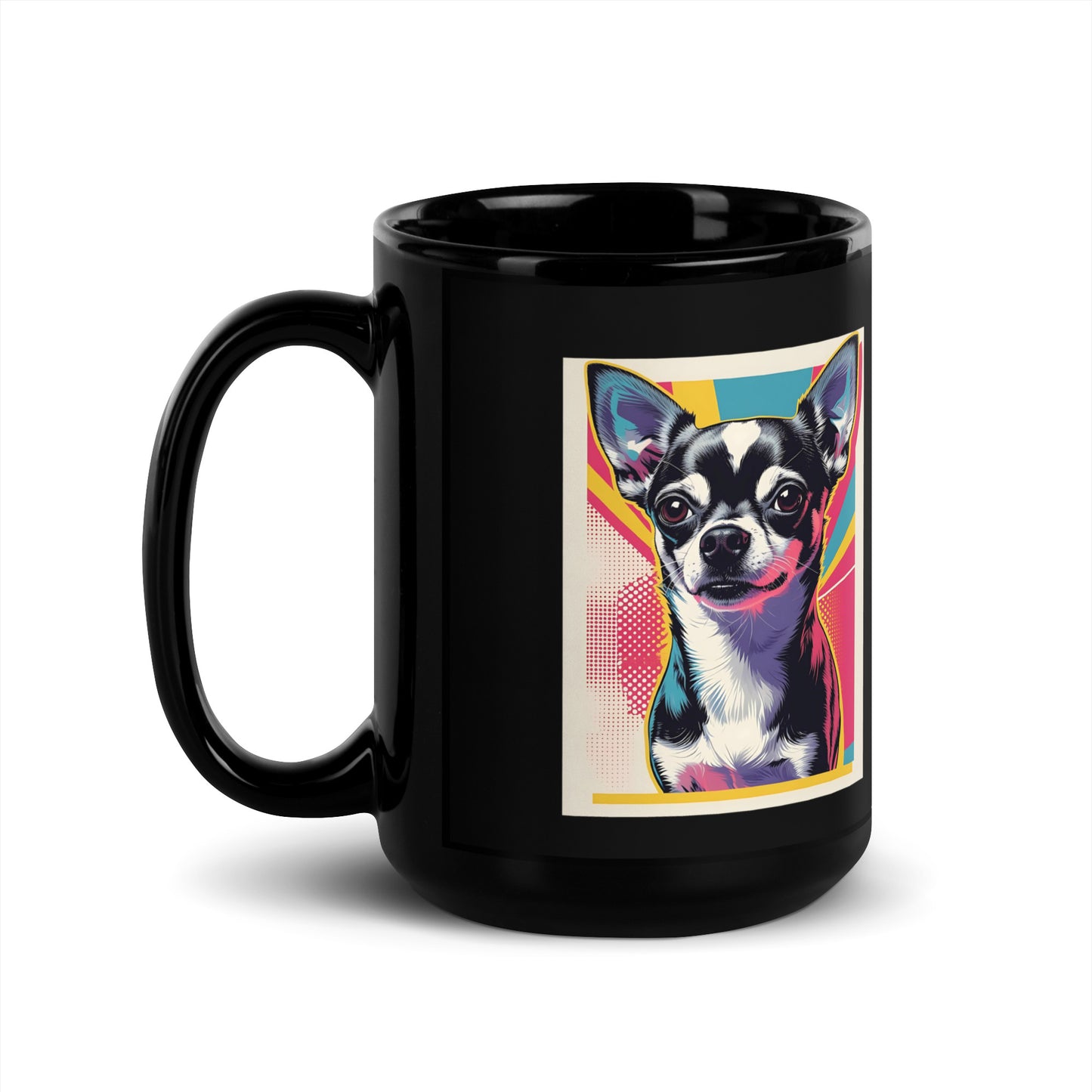 Black caneca from Pet Treasures Studio featuring a colorful cute chihuahua coffee mug design