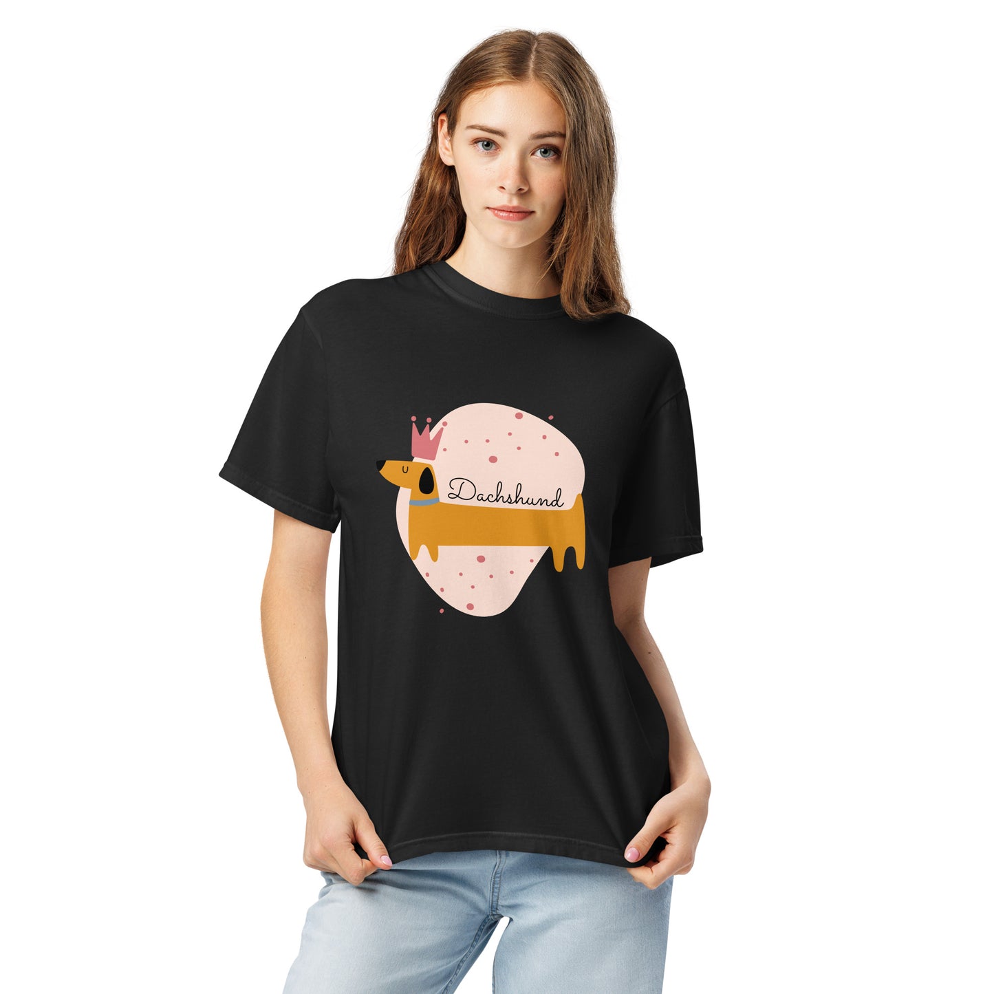 Black dachshund graphic t-shirt from Pet Treasures Studio featuring a cute dog with a crown design