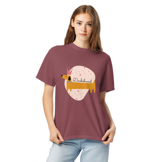 Woman wearing maroon dachshund graphic t-shirt by Pet Treasures Studio with cute dog illustration