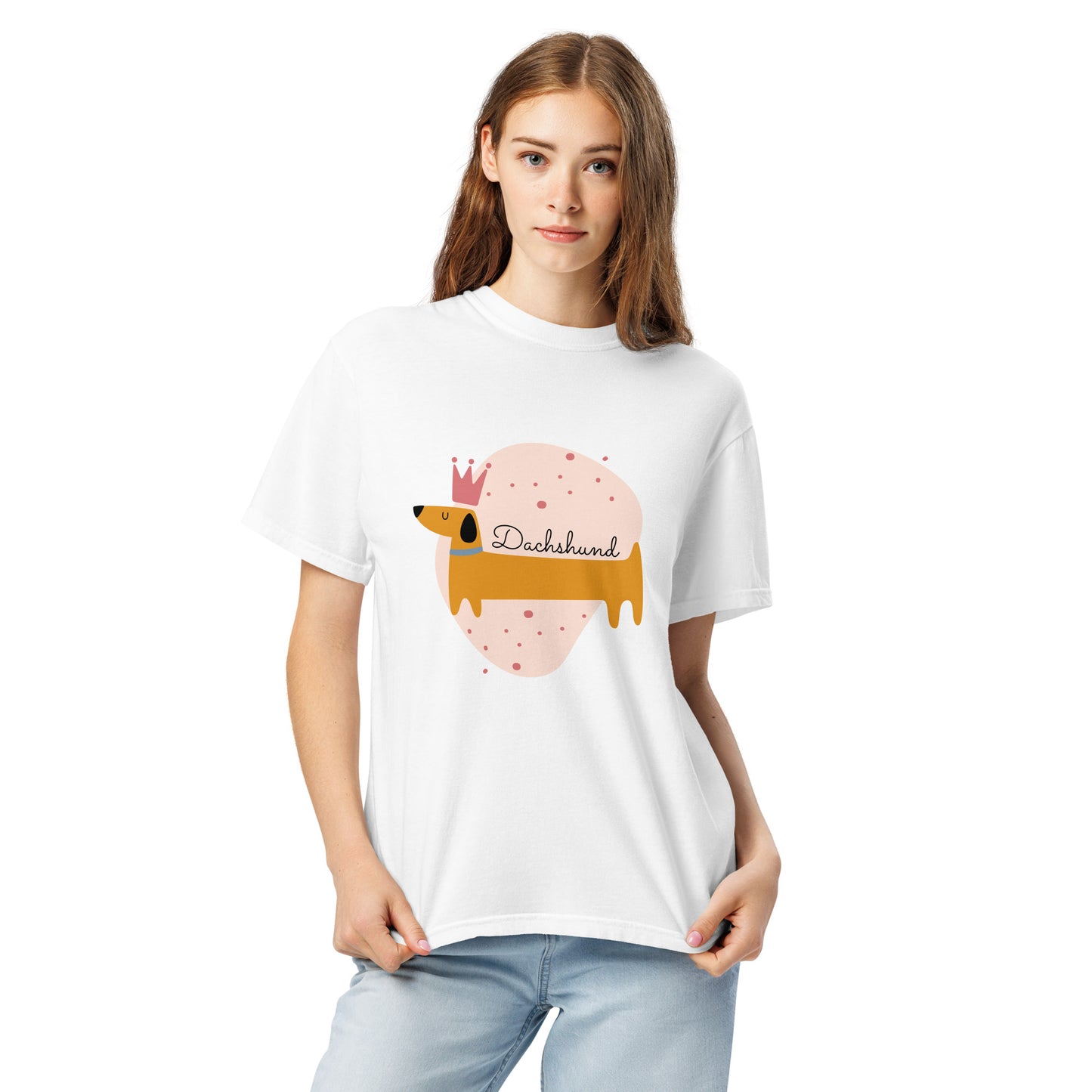 White dachshund graphic t-shirt from Pet Treasures Studio featuring a cute dachshund with a crown design