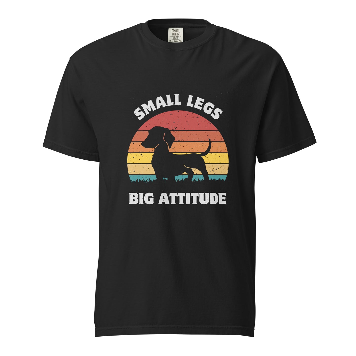 Pet Treasures Studio black T shirt with dachshund silhouette and retro sunset small legs big attitude dachshund shirt