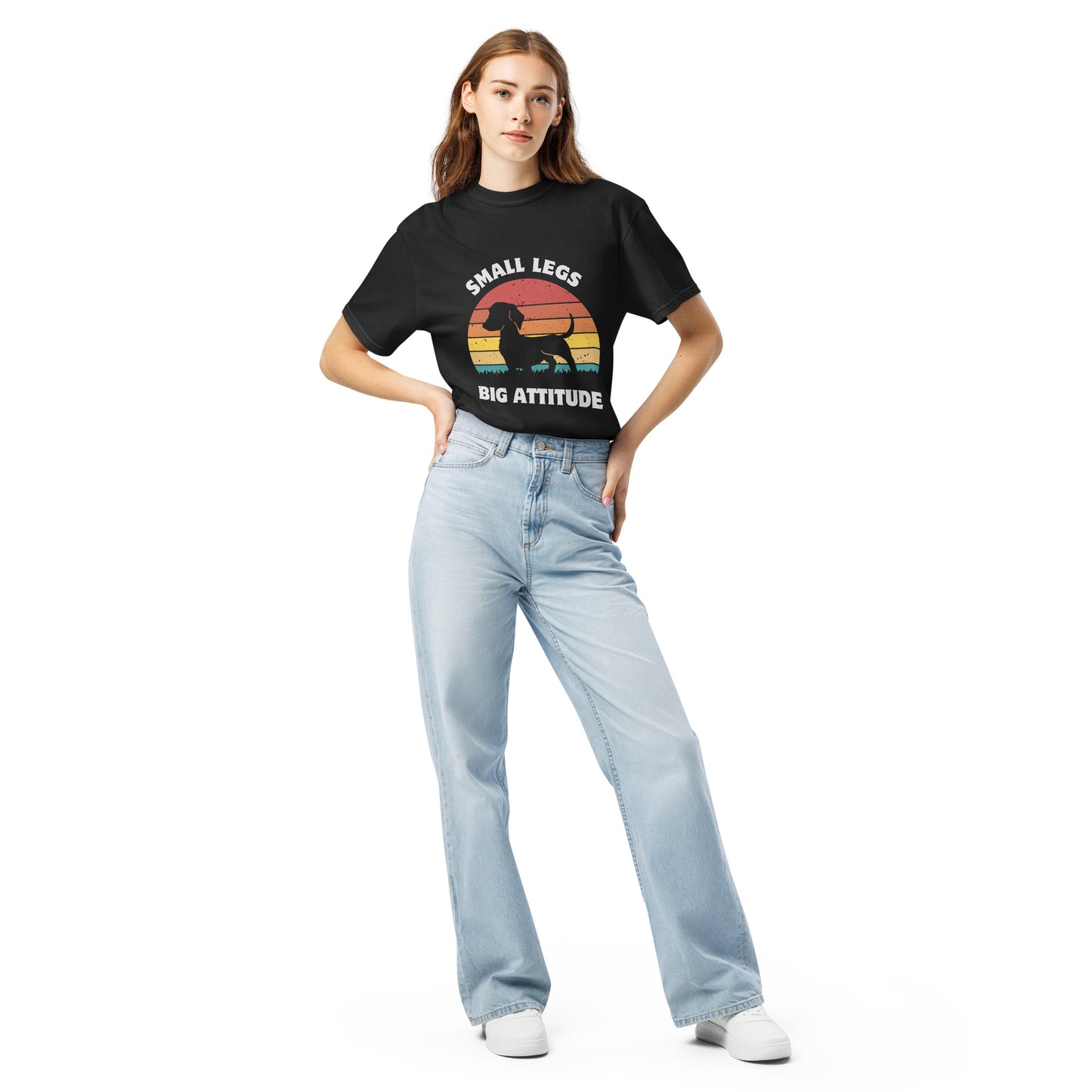 Pet Treasures Studio black T shirt with dachshund sunset graphic on model small legs big attitude dachshund shirt